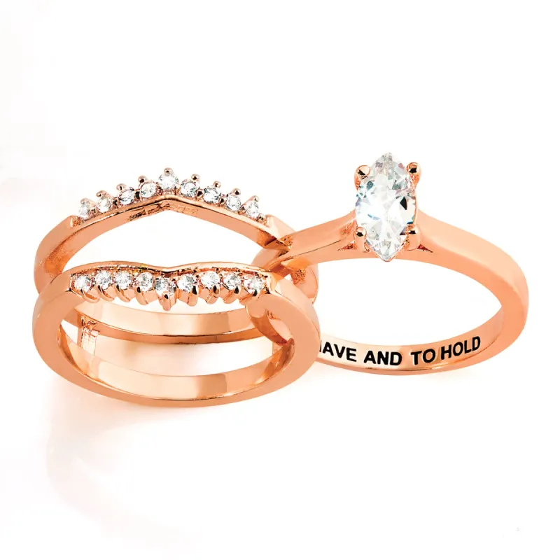 Rose Gold over Sterling Marquise White Topaz Solitaire with Enhancer Engraved Engagement Ring Set sold by Limoges Jewelry