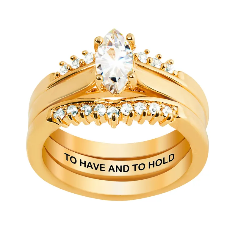 Gold over Sterling Marquise White Topaz Solitaire with Enhancer Engraved Engagement Ring Set sold by Limoges Jewelry