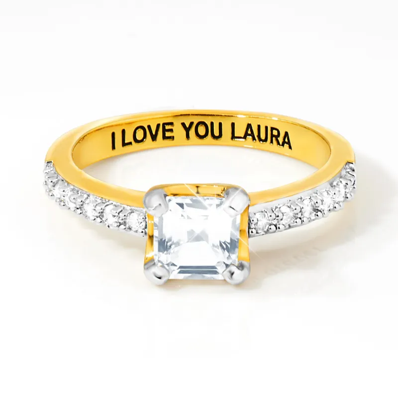 Gold over Sterling Square White Topaz Open Heart Engraved Wedding Ring sold by Limoges Jewelry