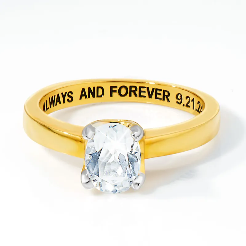 Gold over Sterling Oval White Topaz Solitaire Open Heart Engraved Wedding Ring sold by Limoges Jewelry