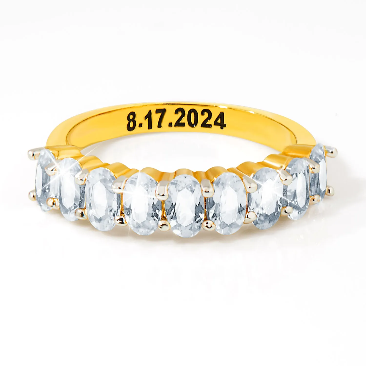 Gold over Sterling Engraved Oval Half Eternity White Topaz Ring sold by Limoges Jewelry