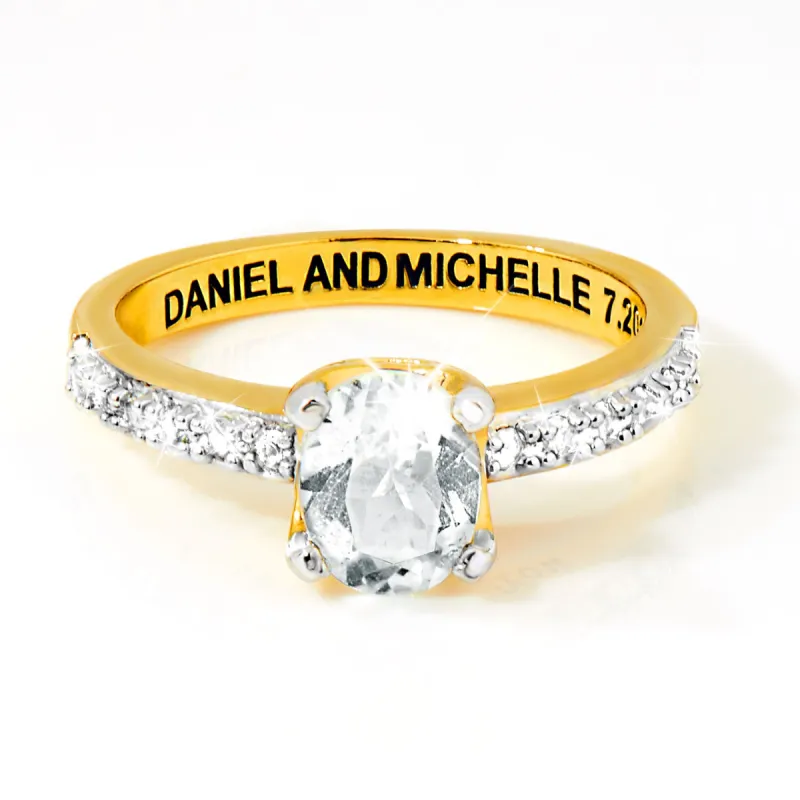 Gold over Sterling Oval White Topaz Open Heart Engraved Wedding Ring sold by Limoges Jewelry