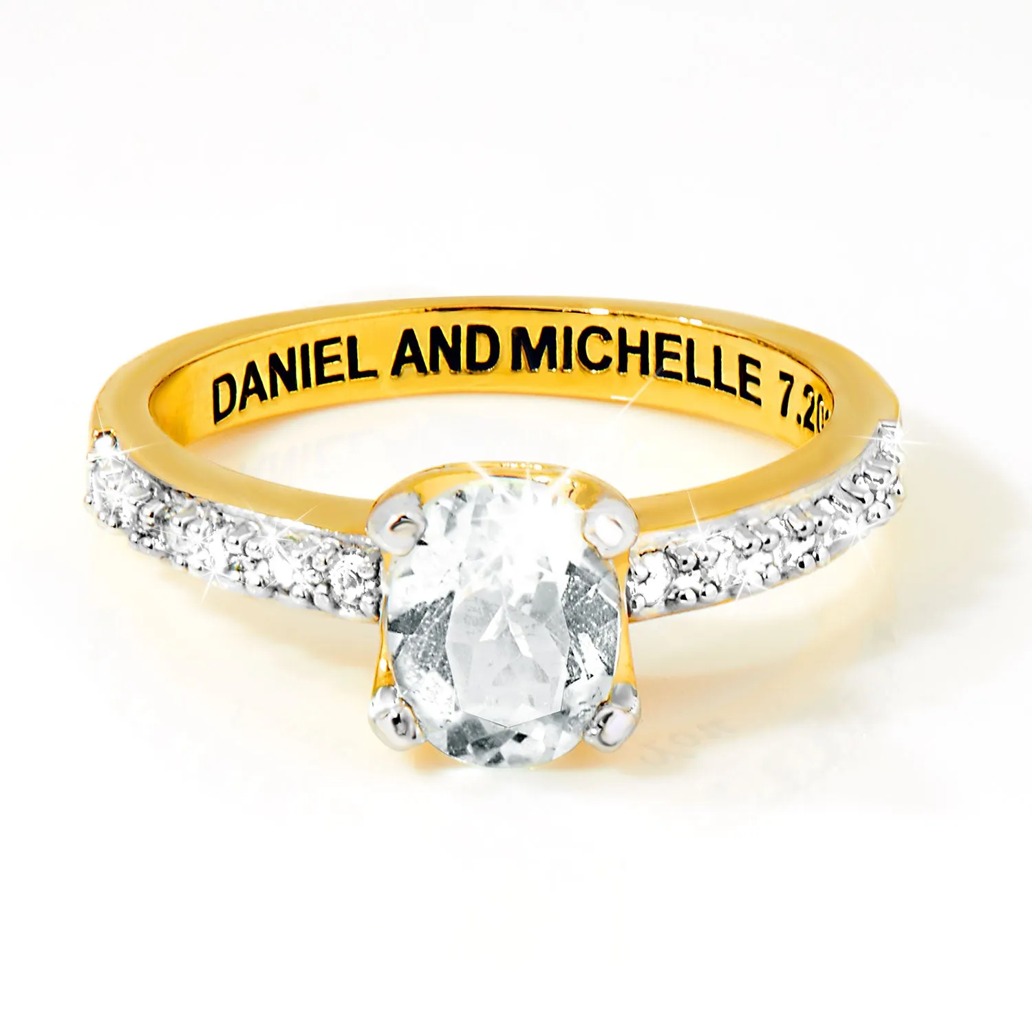 Gold over Sterling Oval White Topaz Open Heart Engraved Wedding Ring sold by Limoges Jewelry