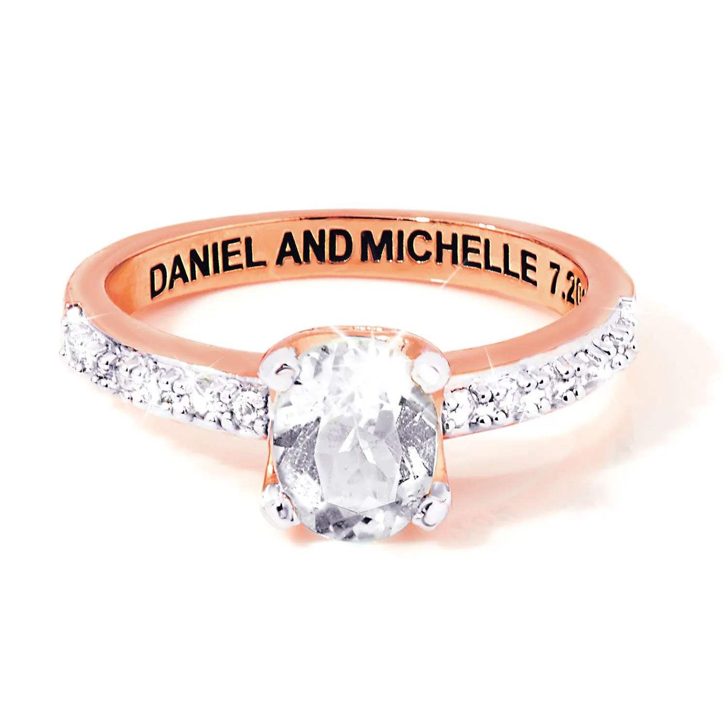 Rose Gold over Sterling Oval White Topaz Open Heart Engraved Wedding Ring sold by Limoges Jewelry