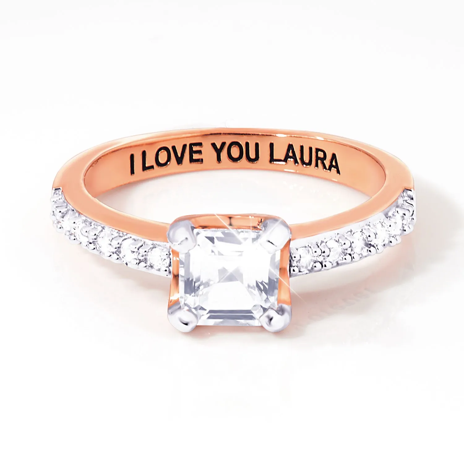 Rose Gold over Sterling Square White Topaz Open Heart Engraved Wedding Ring sold by Limoges Jewelry