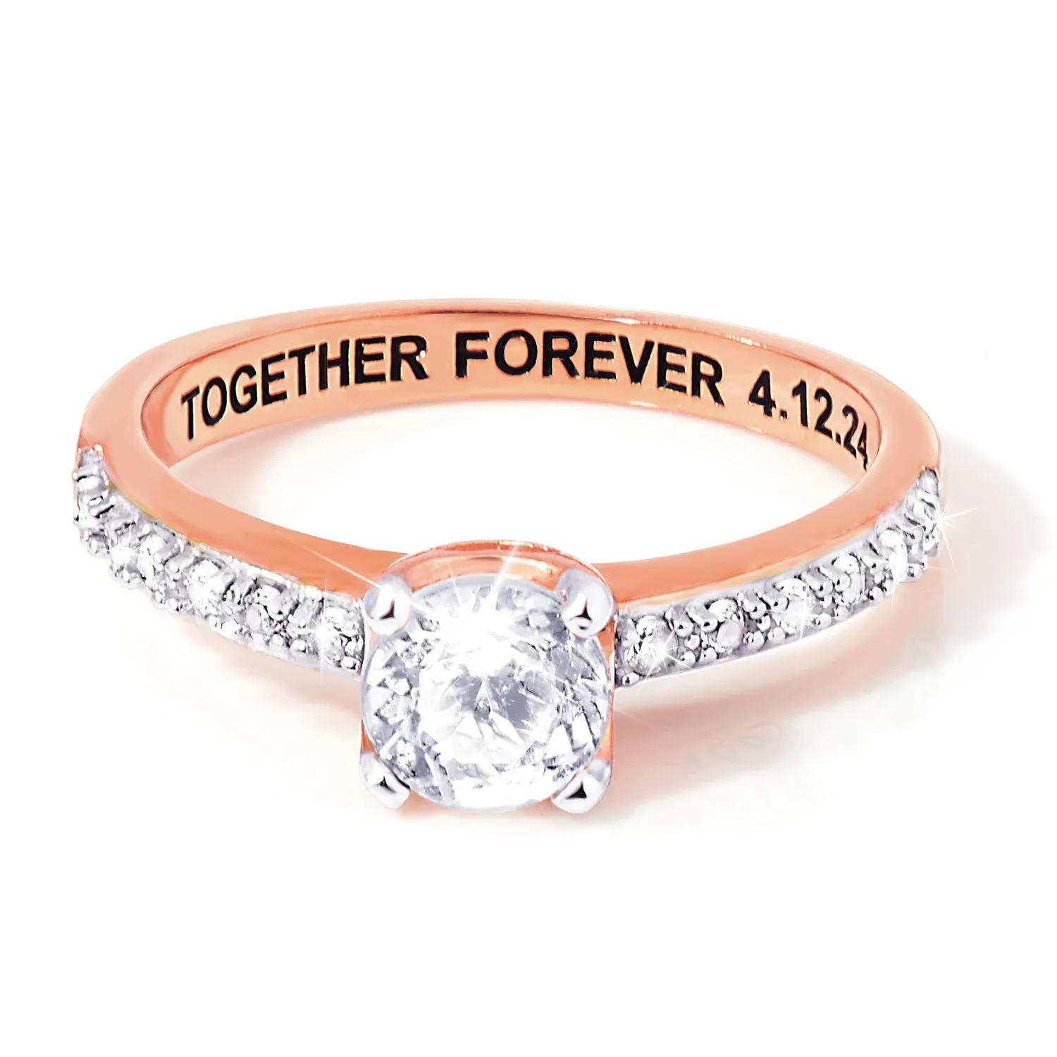 Rose Gold over Sterling Brillant White Topaz Open Heart Engraved Wedding Ring sold by Limoges Jewelry