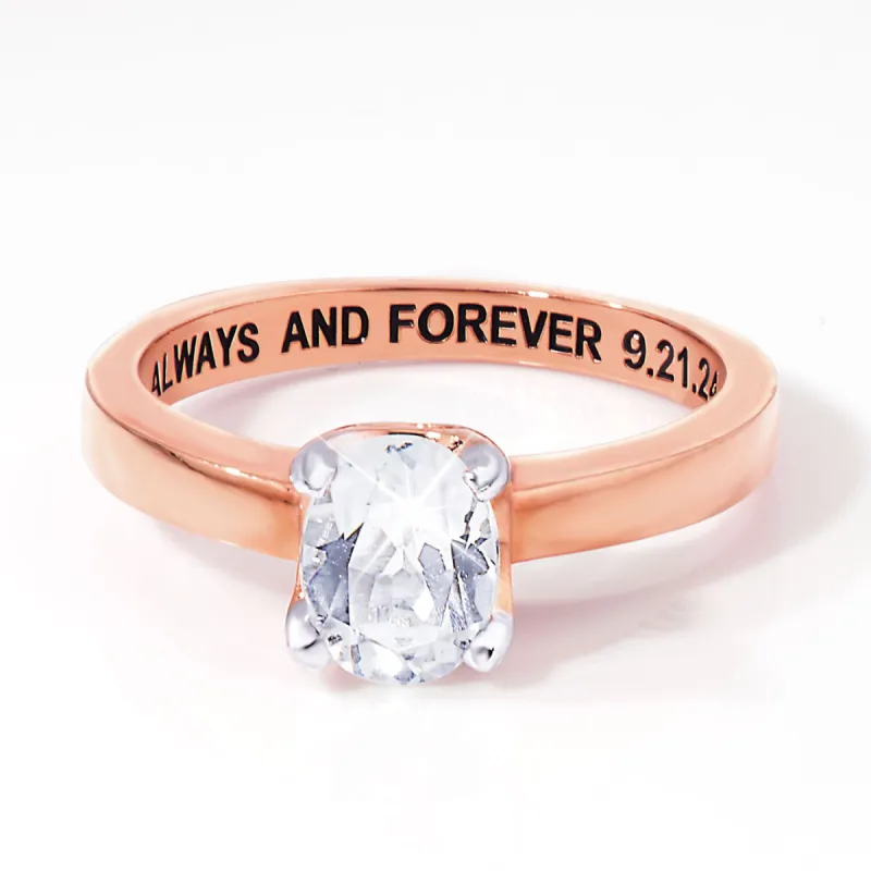 Rose Gold over Sterling Oval White Topaz Solitaire Open Heart Engraved Wedding Ring sold by Limoges Jewelry