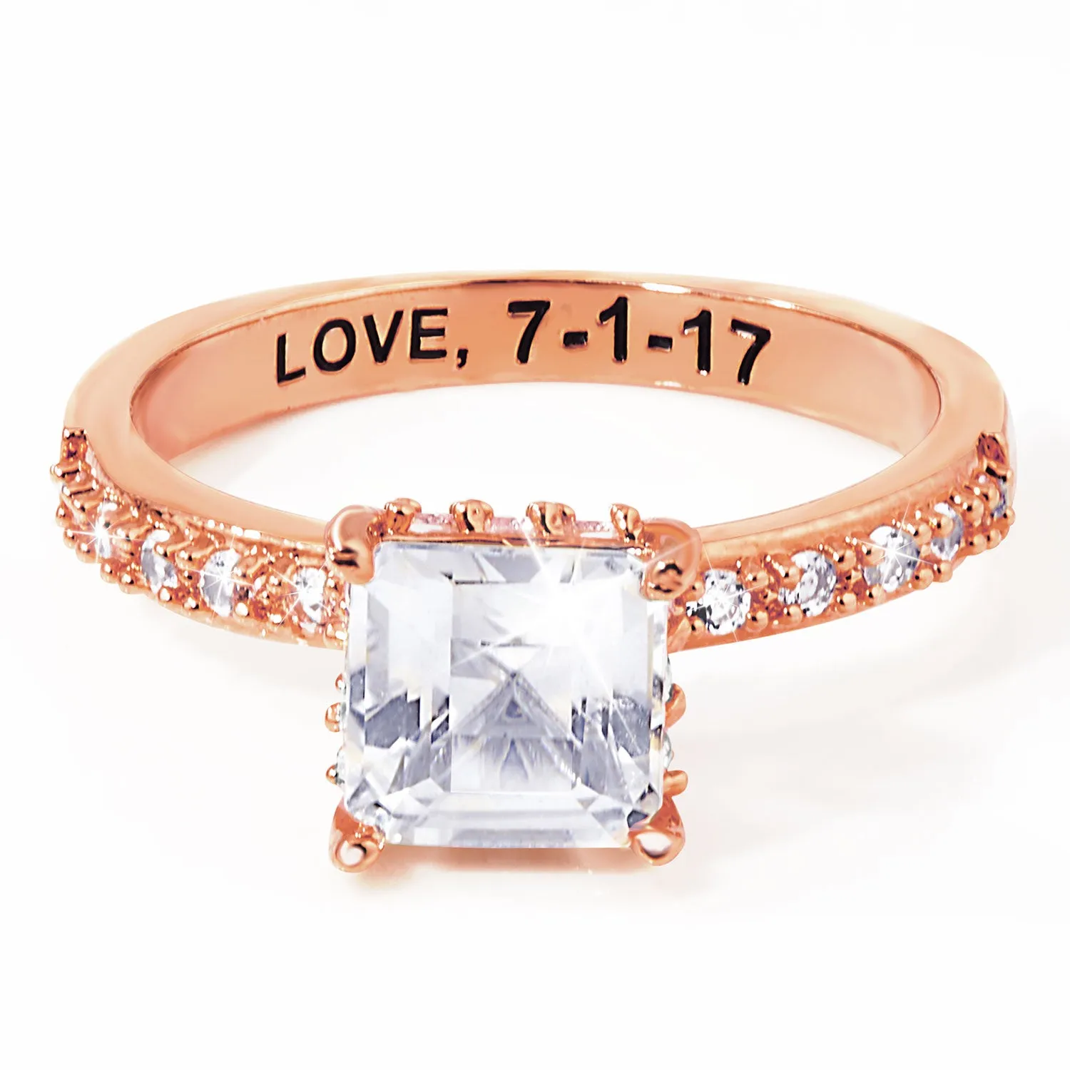 Rose Gold over Sterling Square Hidden Halo White Topaz Pave Band Engagement Ring sold by Limoges Jewelry