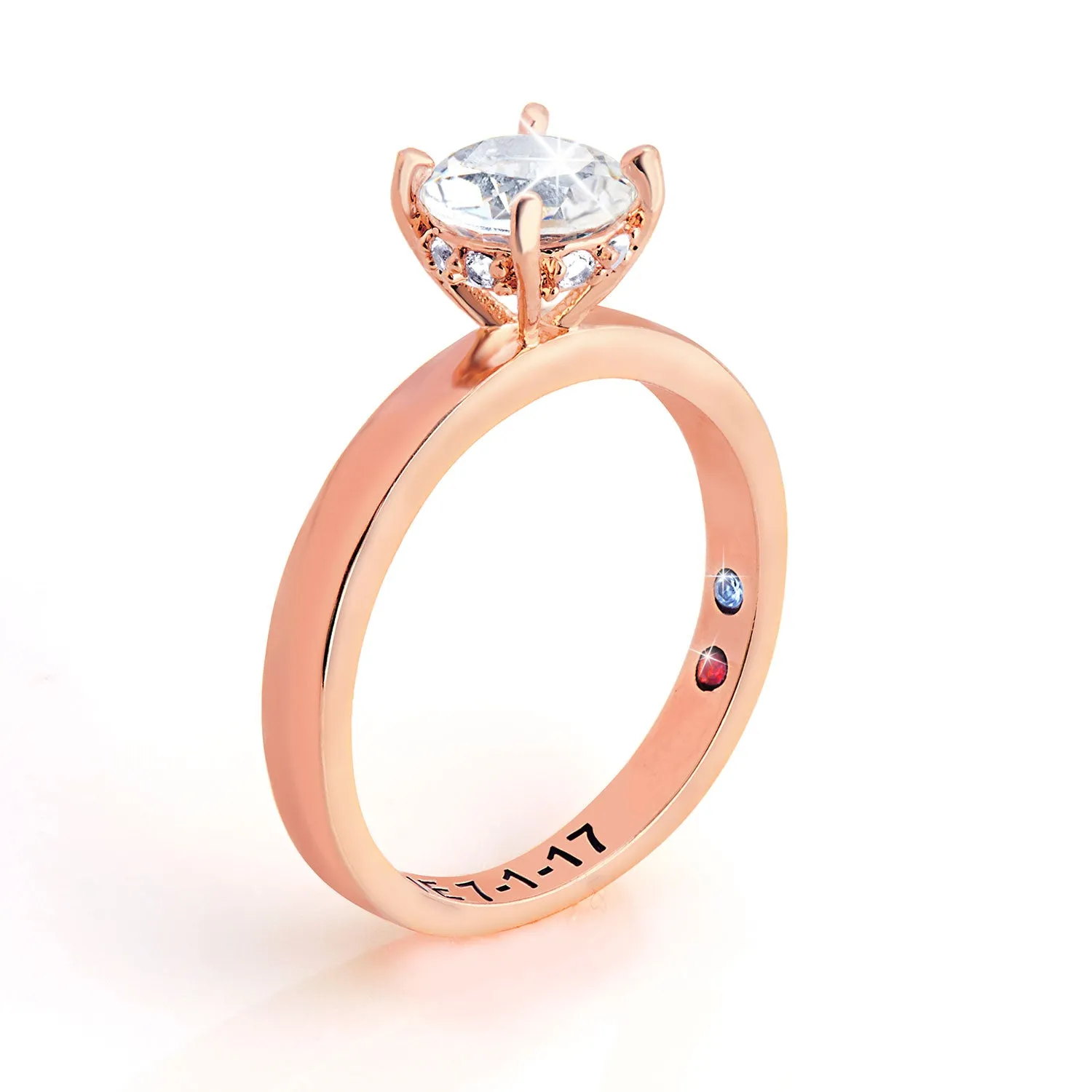 Rose Gold over Sterling Round Hidden Halo White Topaz Hidden Birthstone Engagement Ring sold by Limoges Jewelry