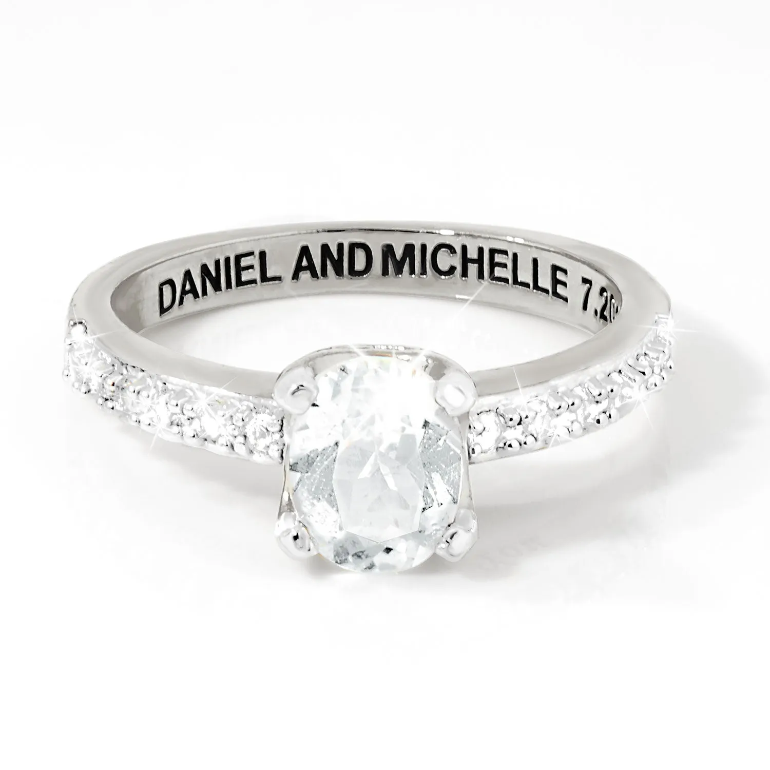 Platinum over Sterling Oval White Topaz Open Heart Engraved Wedding Ring sold by Limoges Jewelry