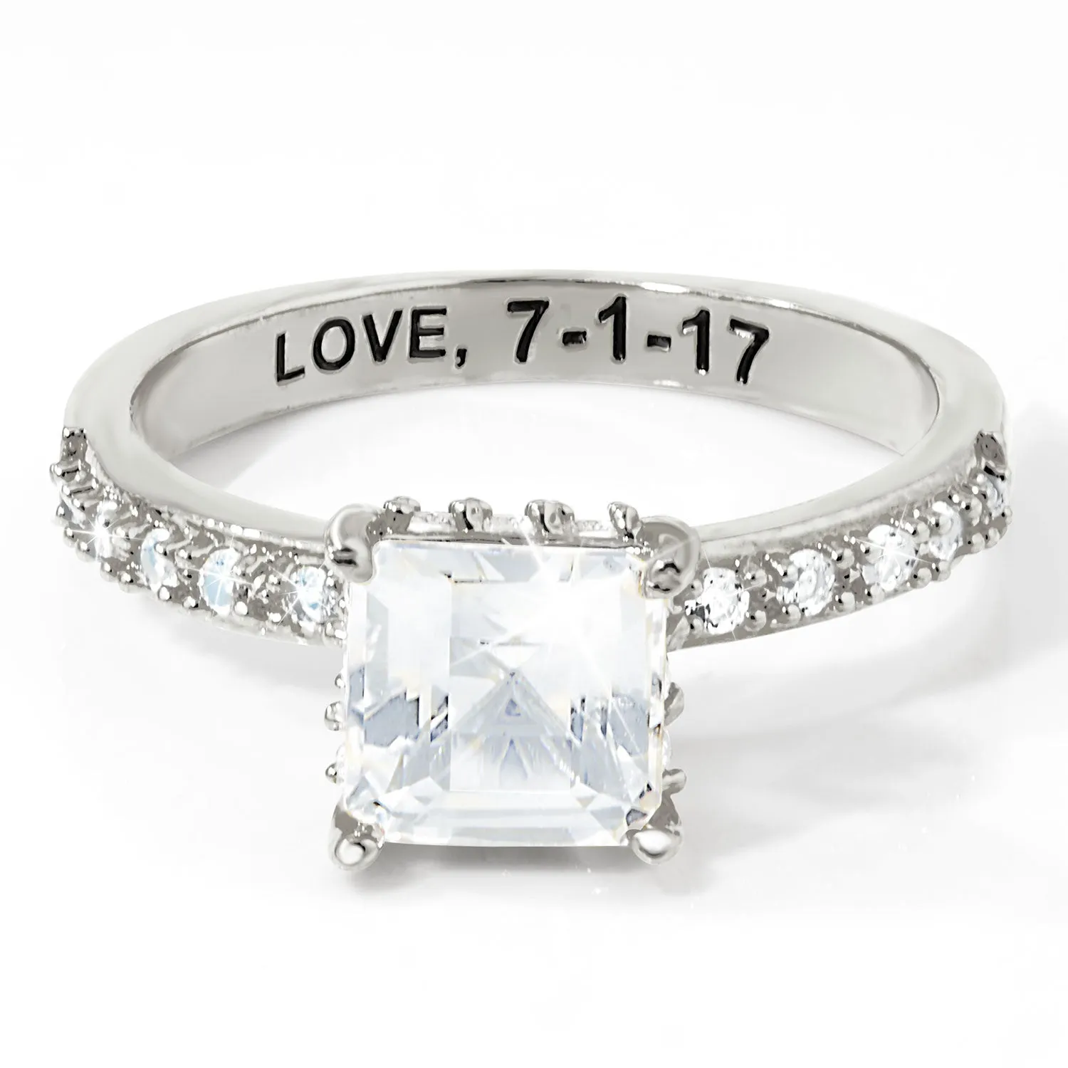 Platinum over Sterling Square Hidden Halo White Topaz Pave Band Engagement Ring sold by Limoges Jewelry