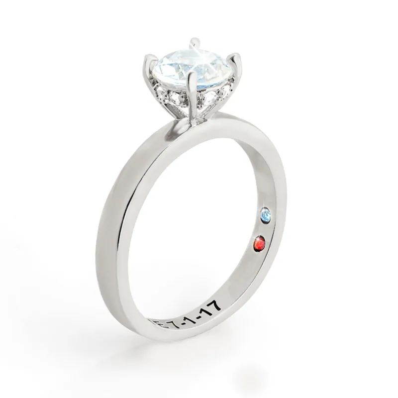 Platinum over Sterling Round Hidden Halo White Topaz Hidden Birthstone Engagement Ring sold by Limoges Jewelry