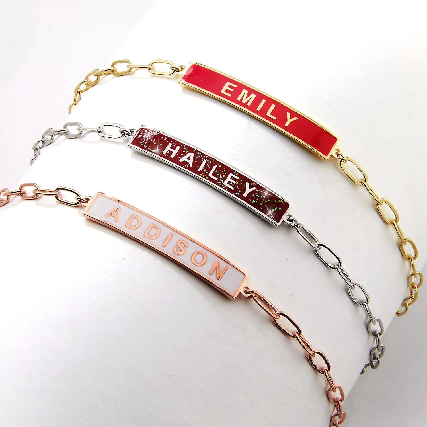 Personalized Enamel Bar Paperclip Chain Bracelet sold by Limoges Jewelry