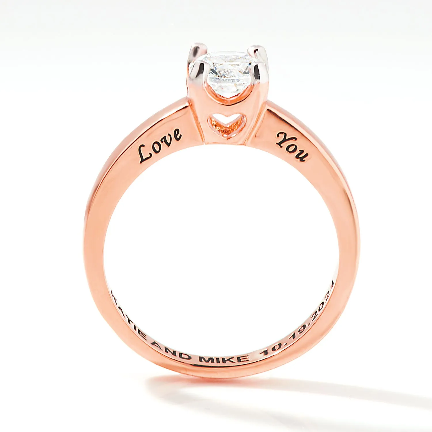 Rose Gold over Sterling Brillant White Topaz Solitaire Open Heart Engraved Wedding Ring sold by Limoges Jewelry