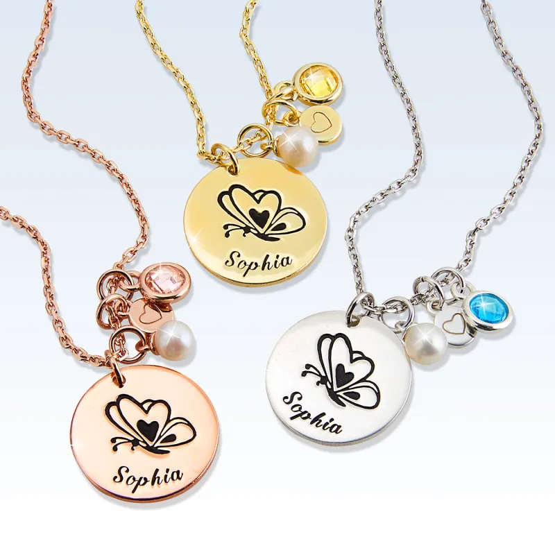 Girls' Sterling Silver Personalized Butterfly Birthstone Cluster Necklace sold by Limoges Jewelry