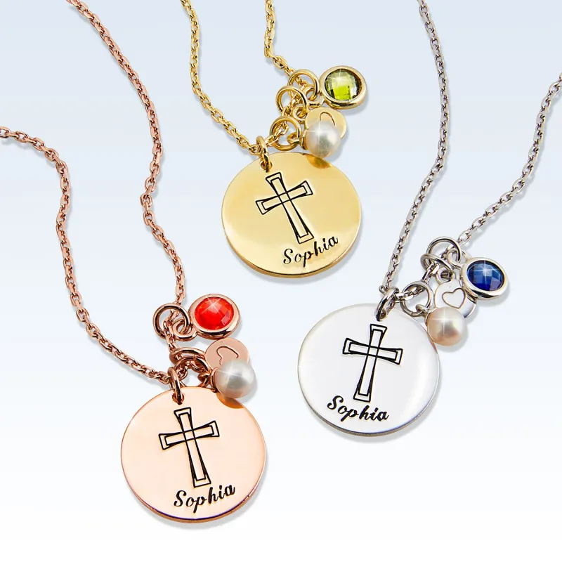 Girls' Sterling Silver Personalized Cross Birthstone Cluster Necklace sold by Limoges Jewelry