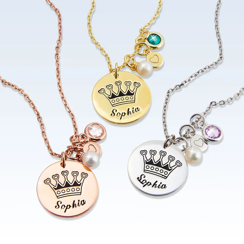 Girls' Sterling Silver Personalized Crown Birthstone Cluster Necklace sold by Limoges Jewelry