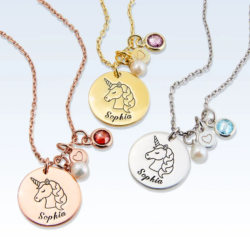 Girls' Sterling Silver Personalized Unicorn Birthstone Clster Necklace sold by Limoges Jewelry