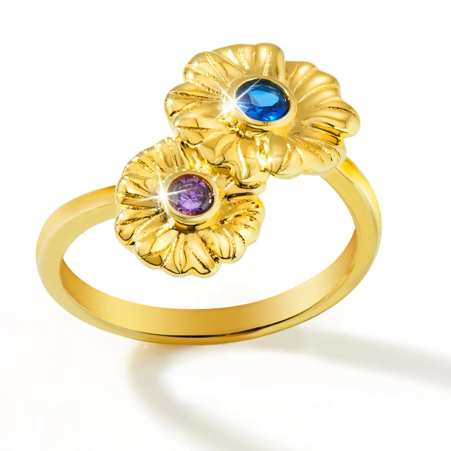 14K Gold Plated Double Flower Birthstone Ring sold by Limoges Jewelry