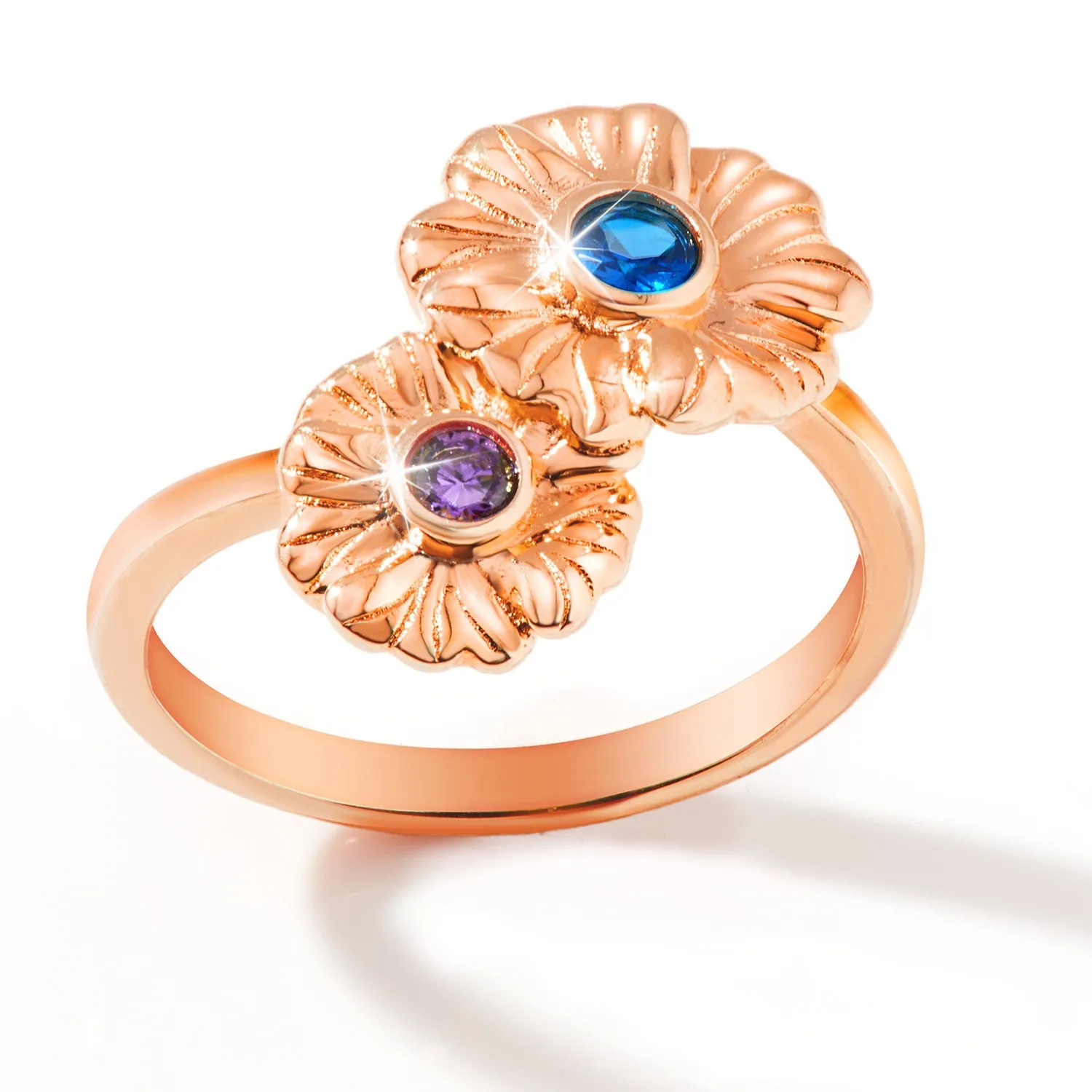 14K Rose Gold Plated Double Flower Birthstone Ring sold by Limoges Jewelry