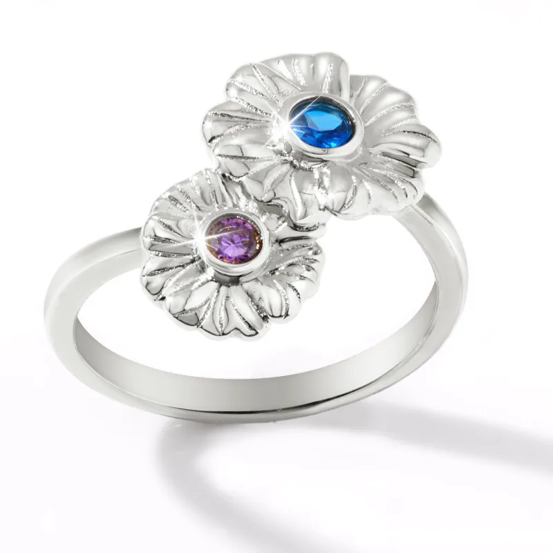 Silver Plated Double Flower Birthstone Ring sold by Limoges Jewelry