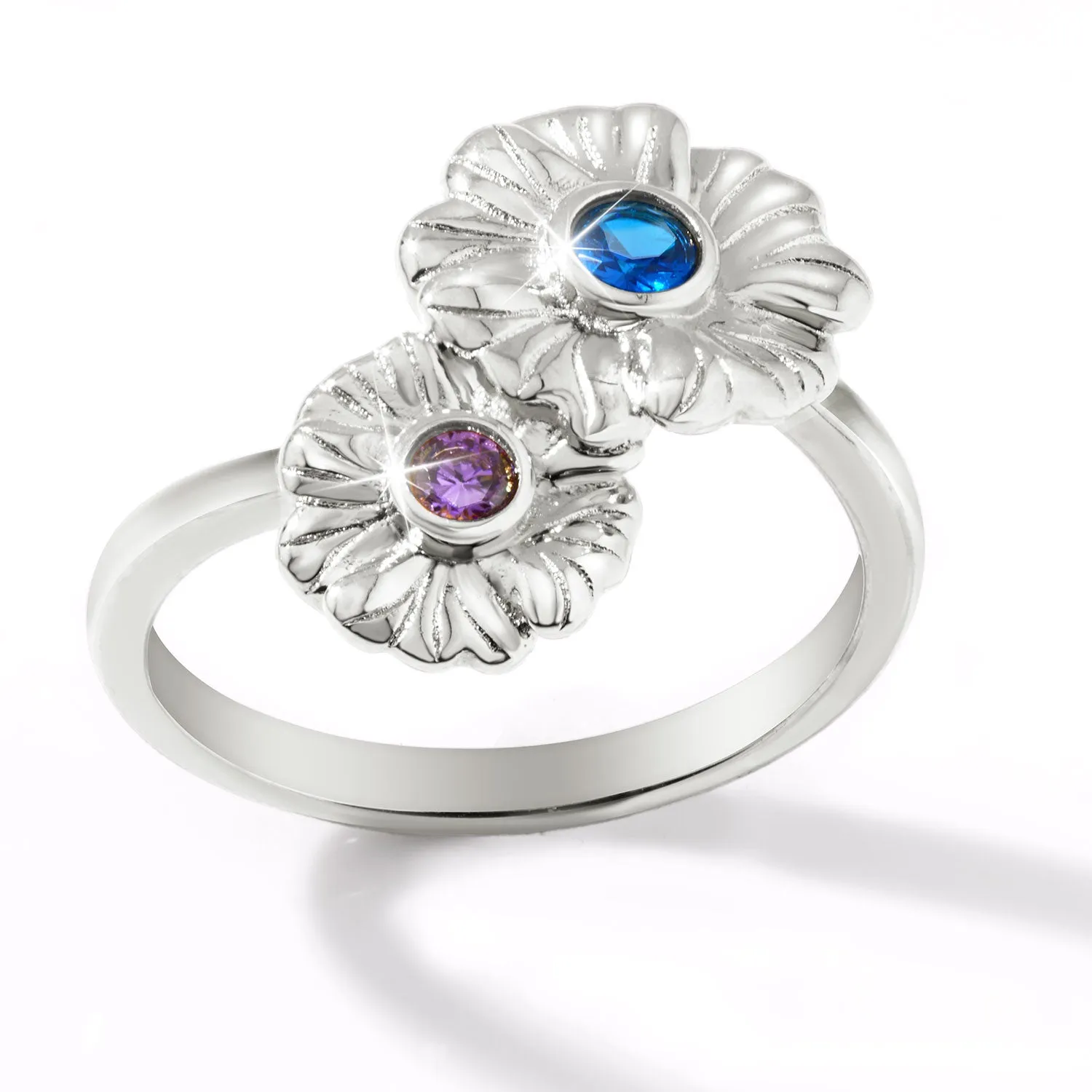 Silver Plated Double Flower Birthstone Ring sold by Limoges Jewelry