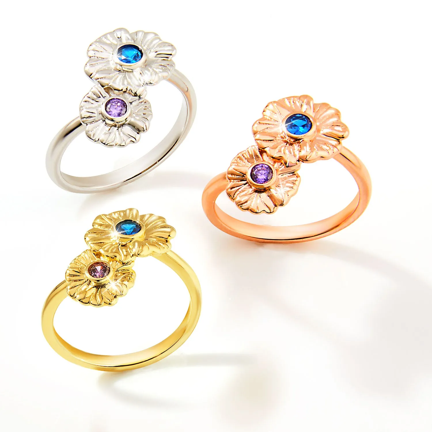 Silver Plated Double Flower Birthstone Ring sold by Limoges Jewelry product image thumbnail 2