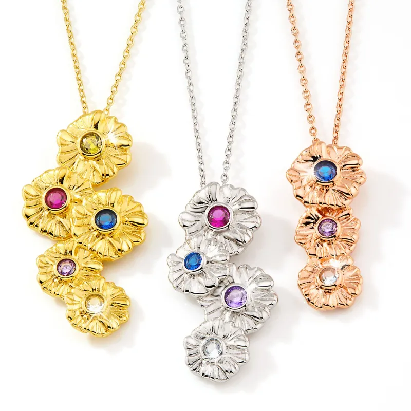 14K Gold Plated Vertical Flower Birthstone Necklace - 1 to 5 stones sold by Limoges Jewelry