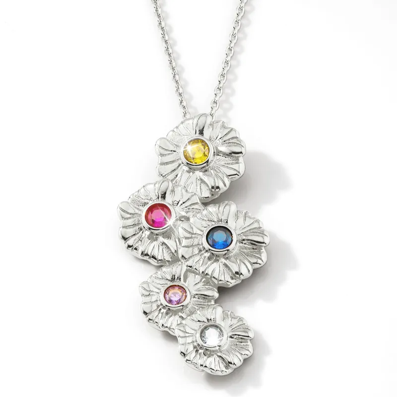 Silver Vertical Flower Birthstone Necklace - 1 to 5 stones sold by Limoges Jewelry