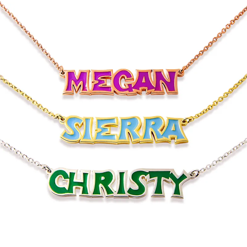 Uppercase Graffiti Font Enamel Name Necklace sold by Limoges Jewelry