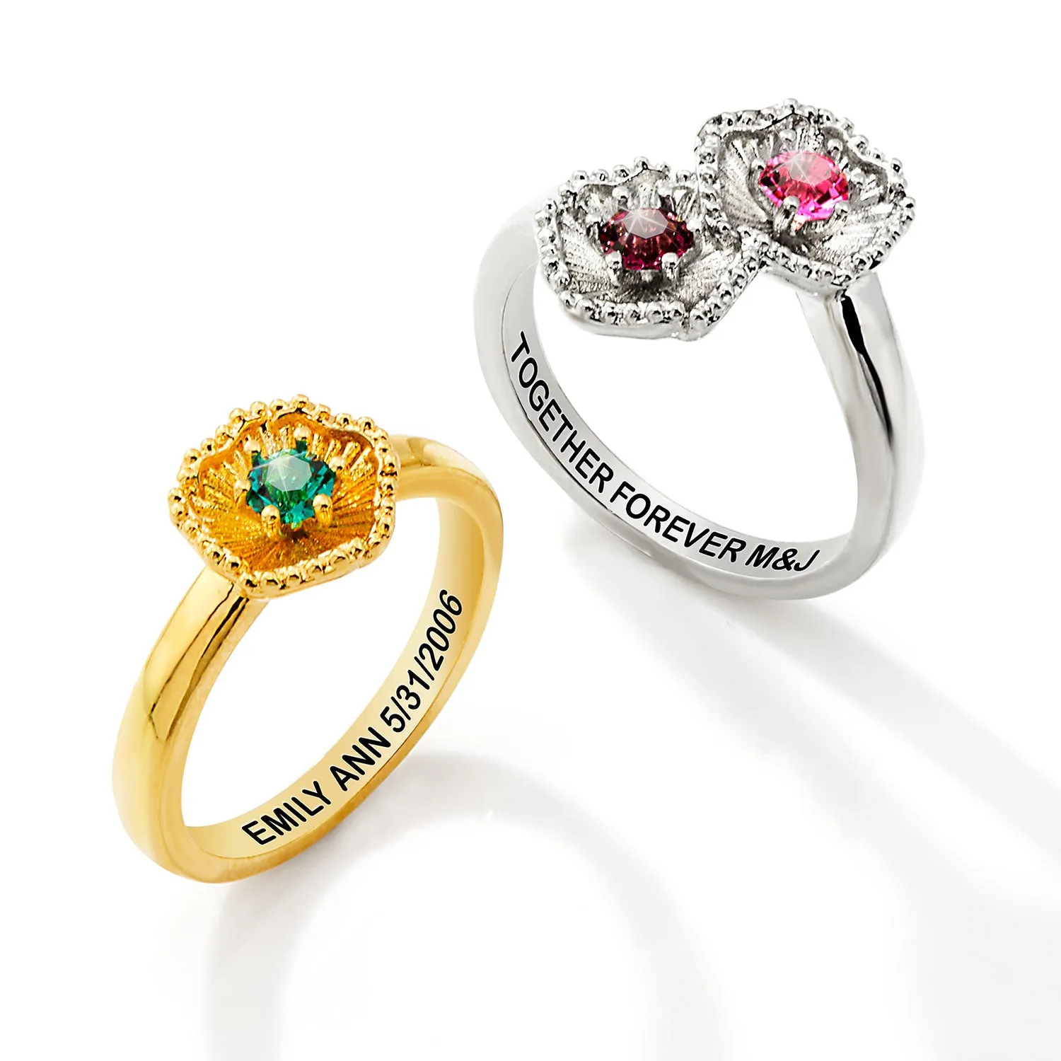 Silver Plated 3-D Double Flower Bypass Birthstone Flower Ring sold by Limoges Jewelry