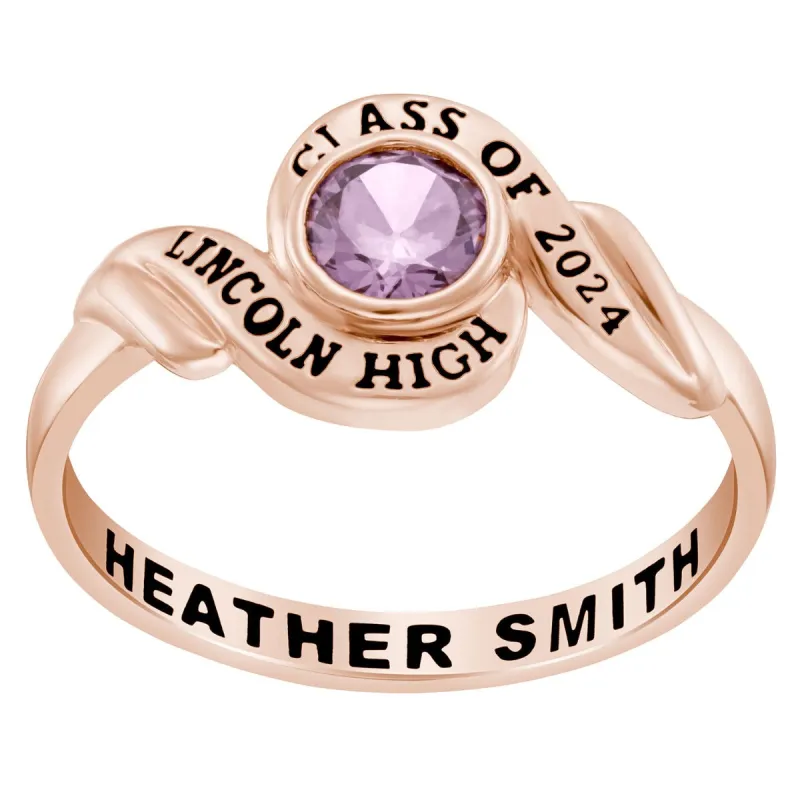 Ladies' 14k Rose Gold Plated Swirl Bypass Round Birthstone Class Ring sold by Limoges Jewelry