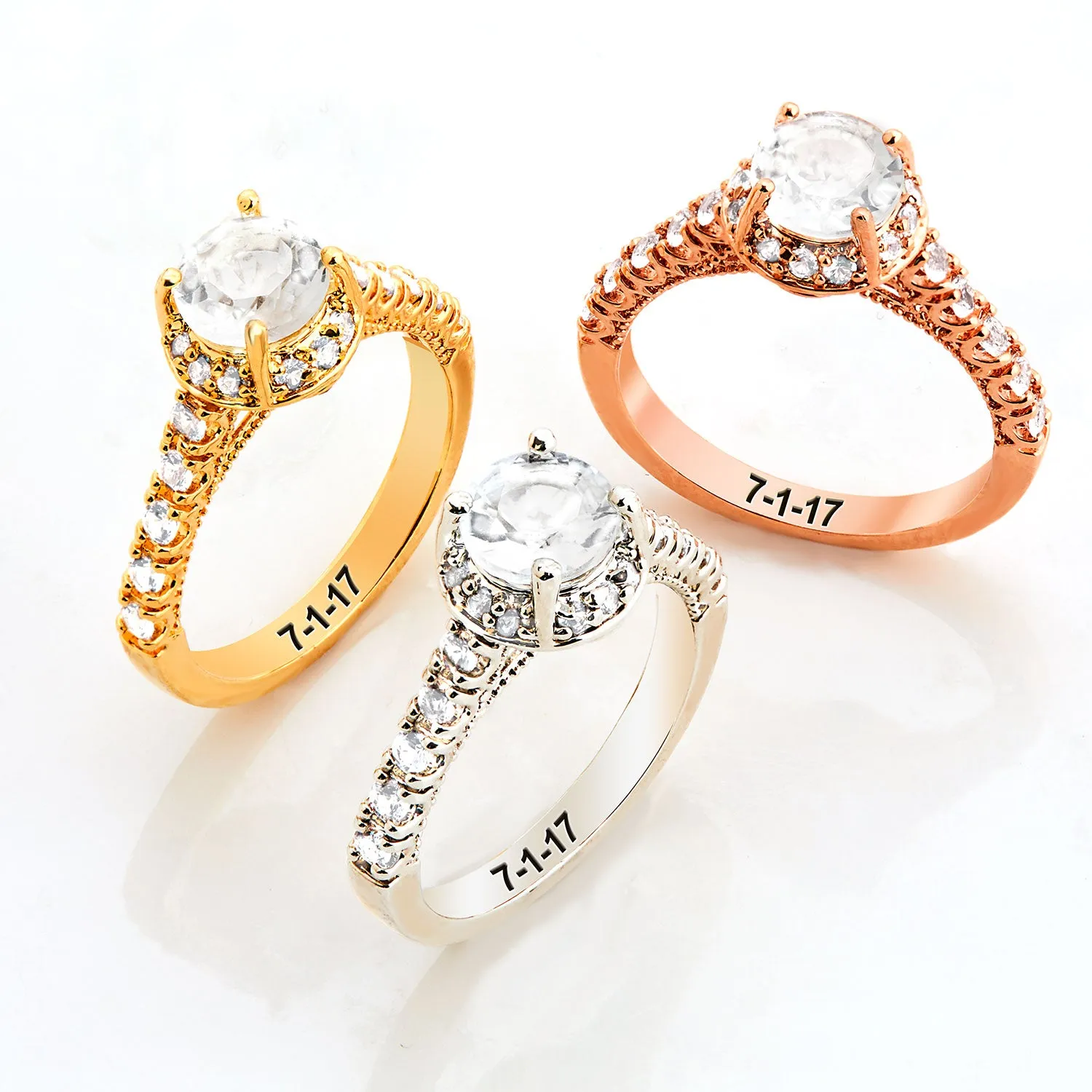 Gold over Sterling Hidden Halo and Birthstone White Topaz Solitaire Engraved Engagement Ring sold by Limoges Jewelry product image thumbnail 4