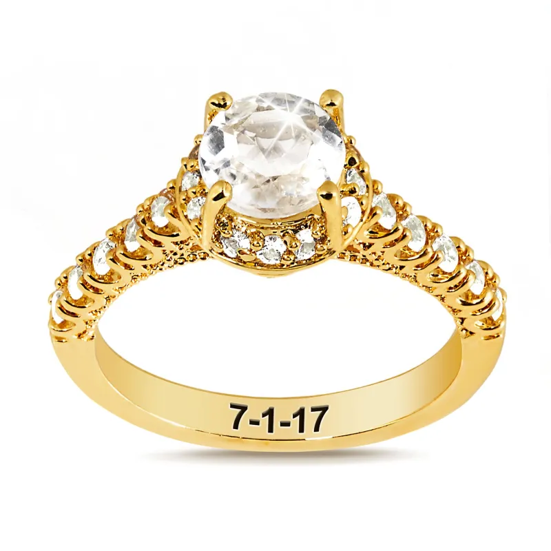 Gold over Sterling Hidden Halo and Birthstone White Topaz Solitaire Engraved Engagement Ring sold by Limoges Jewelry