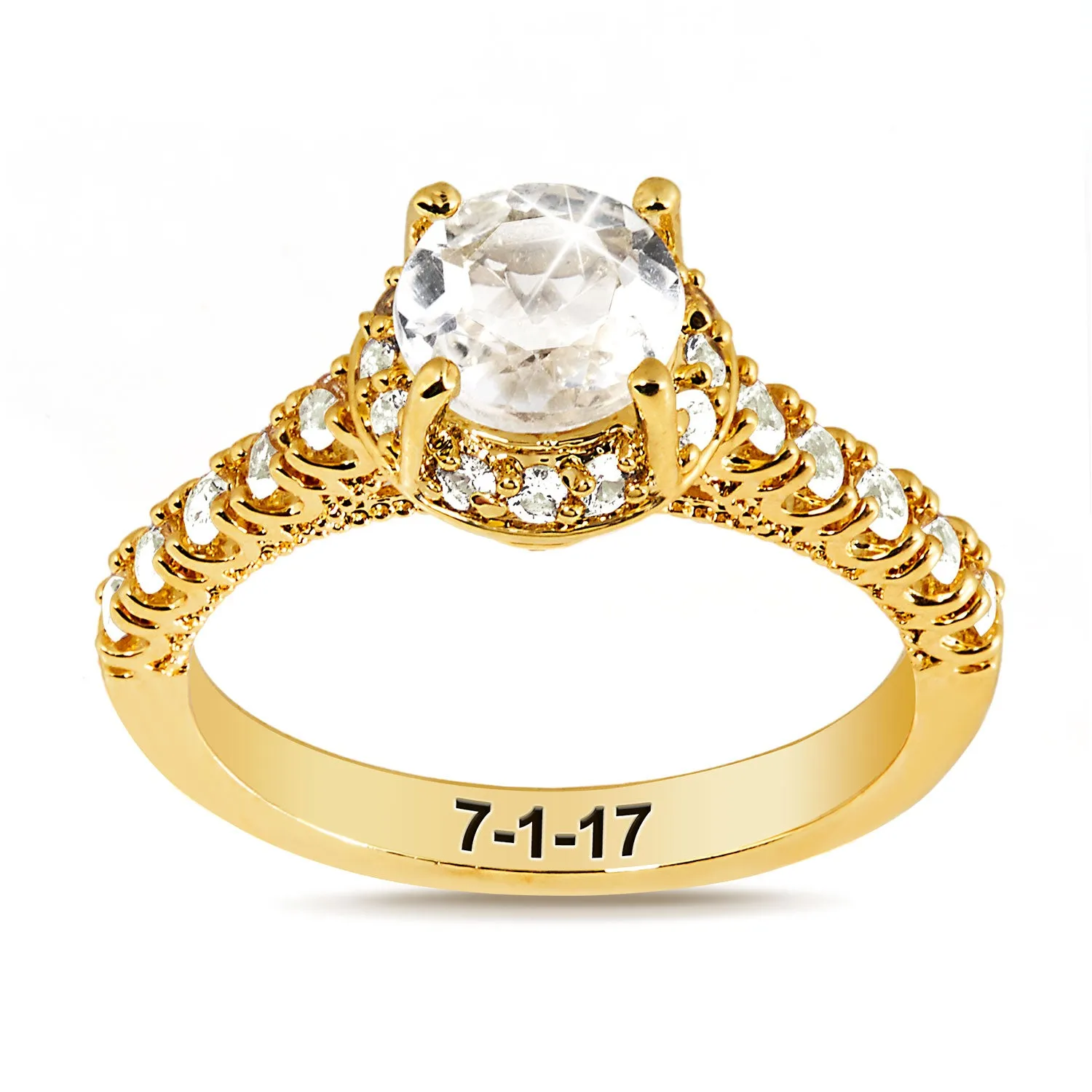 Gold over Sterling Hidden Halo and Birthstone White Topaz Solitaire Engraved Engagement Ring sold by Limoges Jewelry