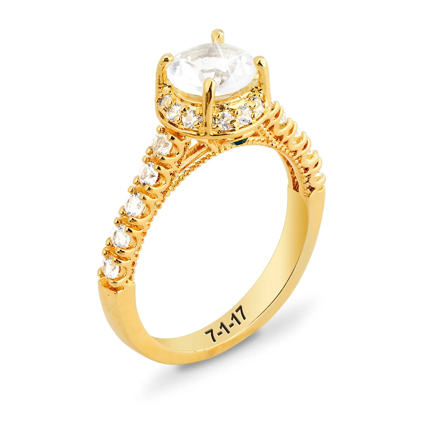 Gold over Sterling Hidden Halo and Birthstone White Topaz Solitaire Engraved Engagement Ring sold by Limoges Jewelry product image thumbnail 2