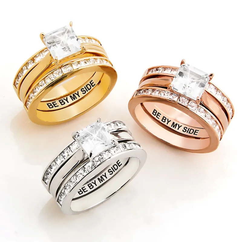 Gold over Sterling Square White Topaz Engraved Enhancer Engagement Ring Set sold by Limoges Jewelry