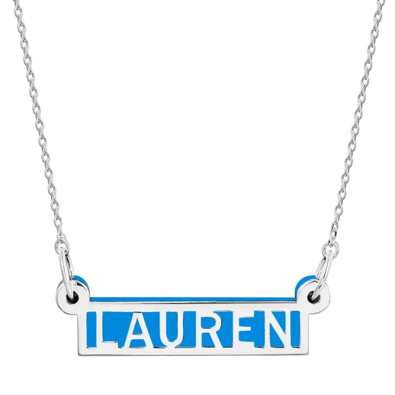 Silver Open Name Horiziontal Bar with Acrylic Necklace sold by Limoges Jewelry