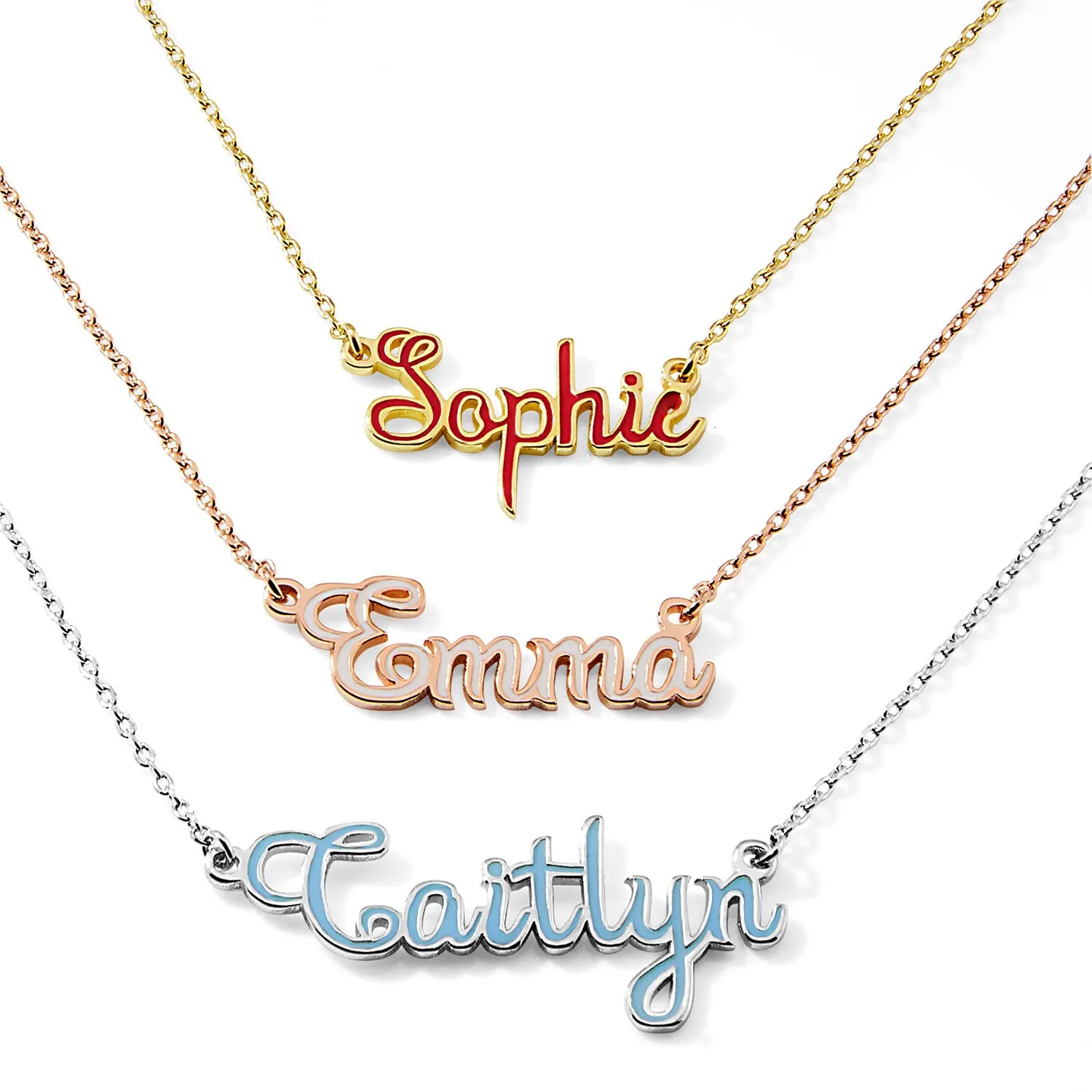 Fancy Script Enamel Name Necklace sold by Limoges Jewelry