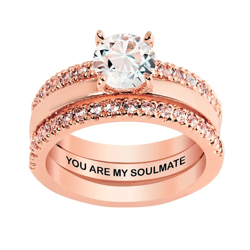 Rose Gold over Sterling White Topaz Solitaire with Enhancer Engraved Engagement Ring Set sold by Limoges Jewelry