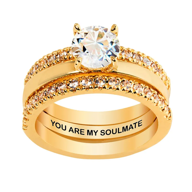 Gold over Sterling White Topaz Solitaire with Enhancer Engraved Engagement Ring Set sold by Limoges Jewelry