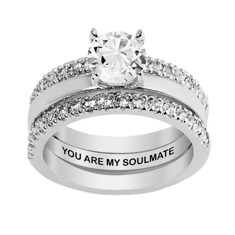 Platinum over Sterling White Topaz Solitaire with Enhancer Engraved Engagement Ring Set sold by Limoges Jewelry