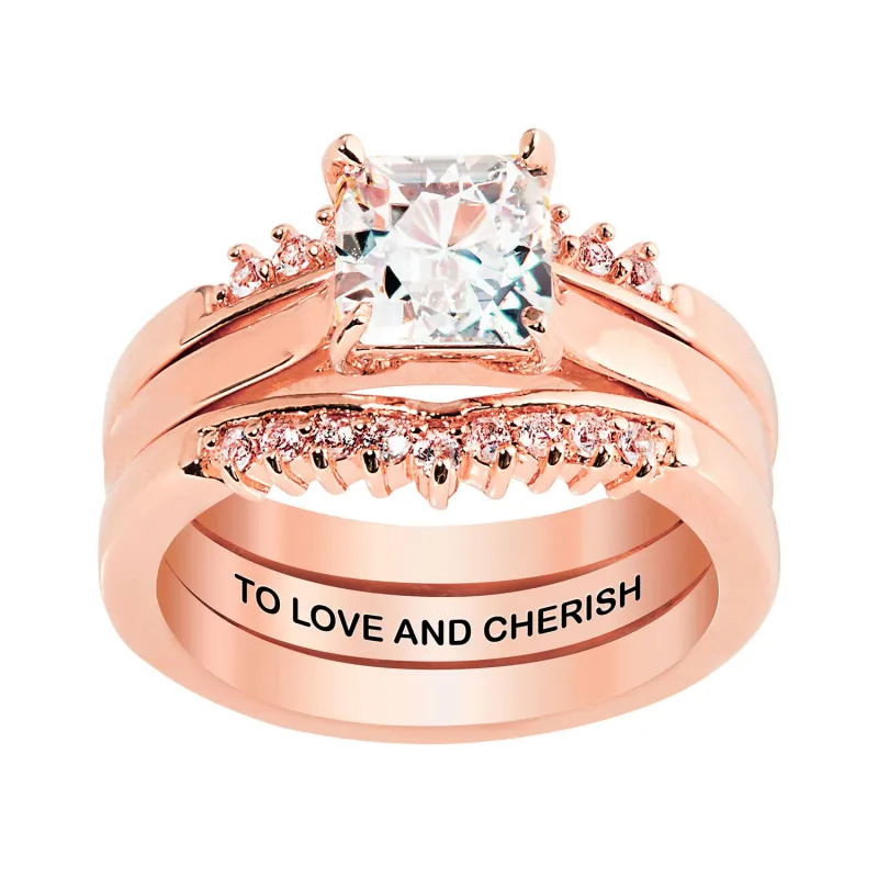 Rose Gold over Sterling Square White Topaz Solitaire with Enhancer Engraved Engagement Ring Set sold by Limoges Jewelry