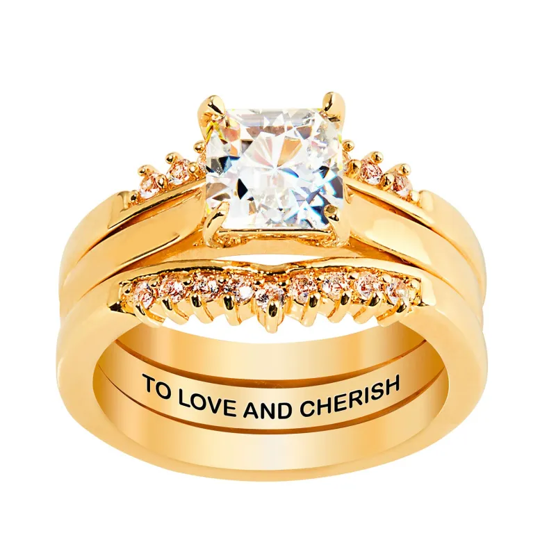 Gold over Sterling Square White Topaz Solitaire with Enhancer Engraved Engagement Ring Set sold by Limoges Jewelry