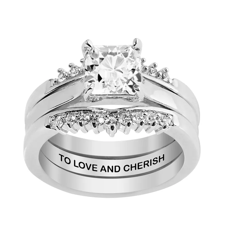 Platinum over Sterling Square White Topaz Solitaire with Enhancer Engraved Engagement Ring Set sold by Limoges Jewelry