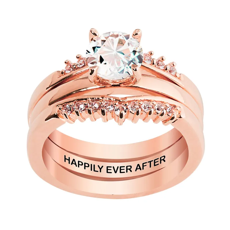 Rose Gold over Sterling White Topaz Solitaire with Enhancer Engraved Engagement Ring Set sold by Limoges Jewelry