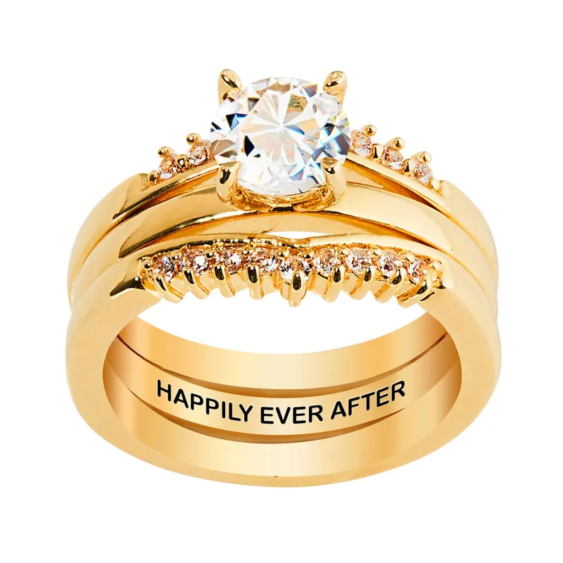 Gold over Sterling White Topaz Solitaire with Enhancer Engraved Engagement Ring Set sold by Limoges Jewelry
