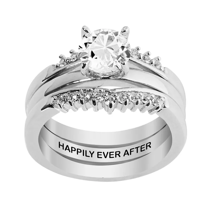 Platinum over Sterling White Topaz Solitaire with Enhancer Engraved Engagement Ring Set sold by Limoges Jewelry