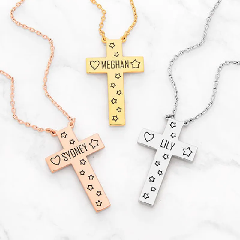 Engraved Name with Stars and Heart Cross Necklace sold by Limoges Jewelry