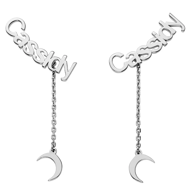 Sterling Silver Name with Moon Charm Dangle Crawler Earrings sold by Limoges Jewelry